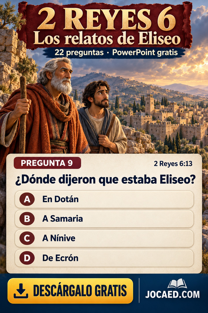 Eliseo y su criado adulto junto a una ciudad amurallada entre colinas. Diseño vertical ilustrado con una pregunta bíblica y sus cuatro opciones originales A–D sin ninguna respuesta seleccionada, recuento de preguntas, descarga gratuita en PowerPoint y marca JOCAED.COM.