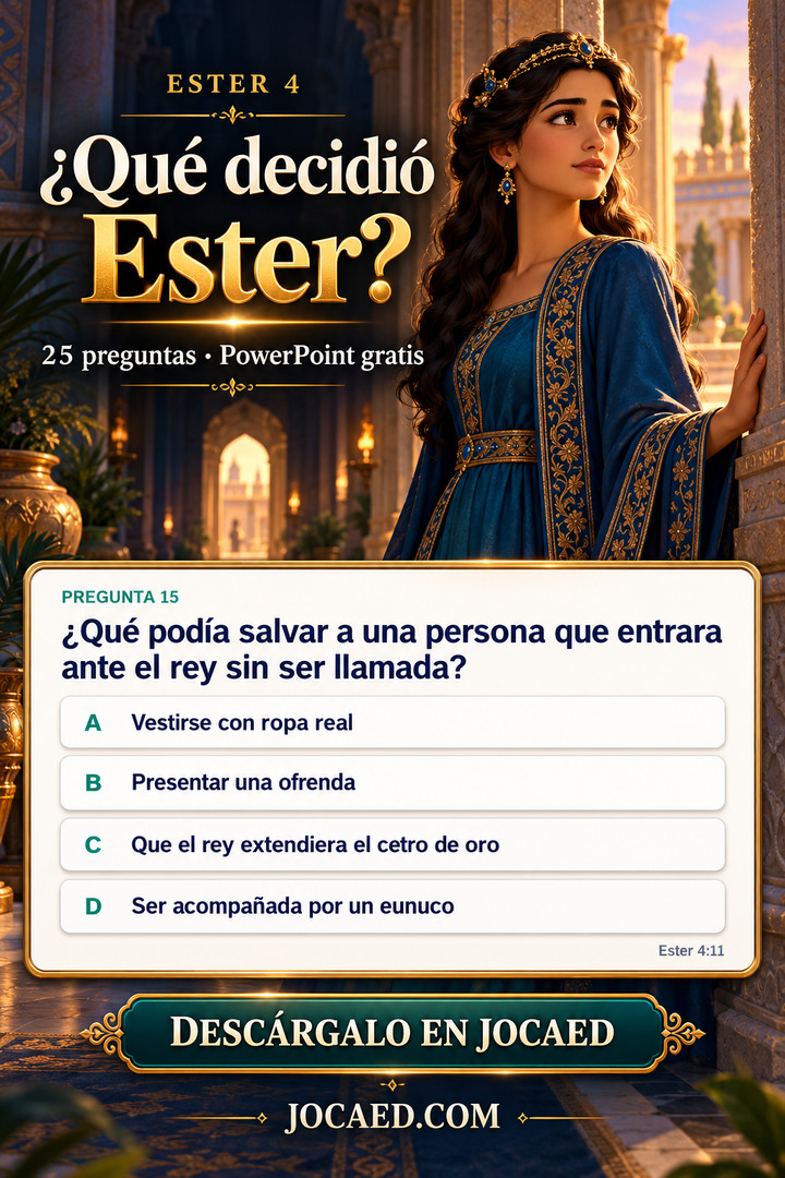 Ester, con vestido azul y bordados dorados, mira con decisión desde el umbral de un palacio. El cartel dice ¿Qué decidió Ester? y 25 preguntas · PowerPoint gratis. Una tarjeta grande muestra la pregunta 15 sobre qué podía salvar a una persona que entrara ante el rey sin ser llamada, las cuatro opciones originales A–D sin respuesta marcada y Ester 4:11. Pie: Descárgalo en JOCAED y JOCAED.COM.
