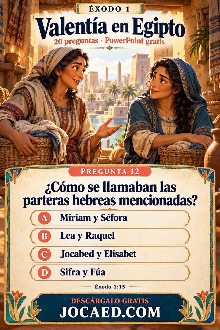 Dos parteras hebreas en el antiguo Egipto y una pregunta con cuatro opciones sobre sus nombres.