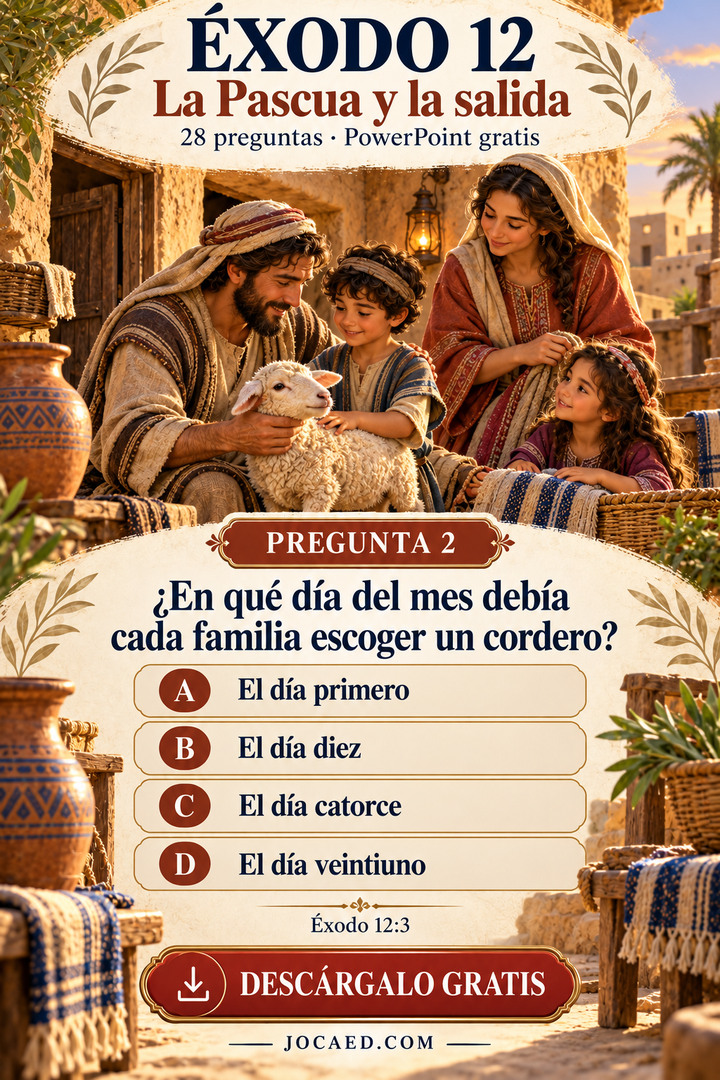 Una familia hebrea con un cordero y una pregunta sobre el día en que debía escogerse, con cuatro opciones.
