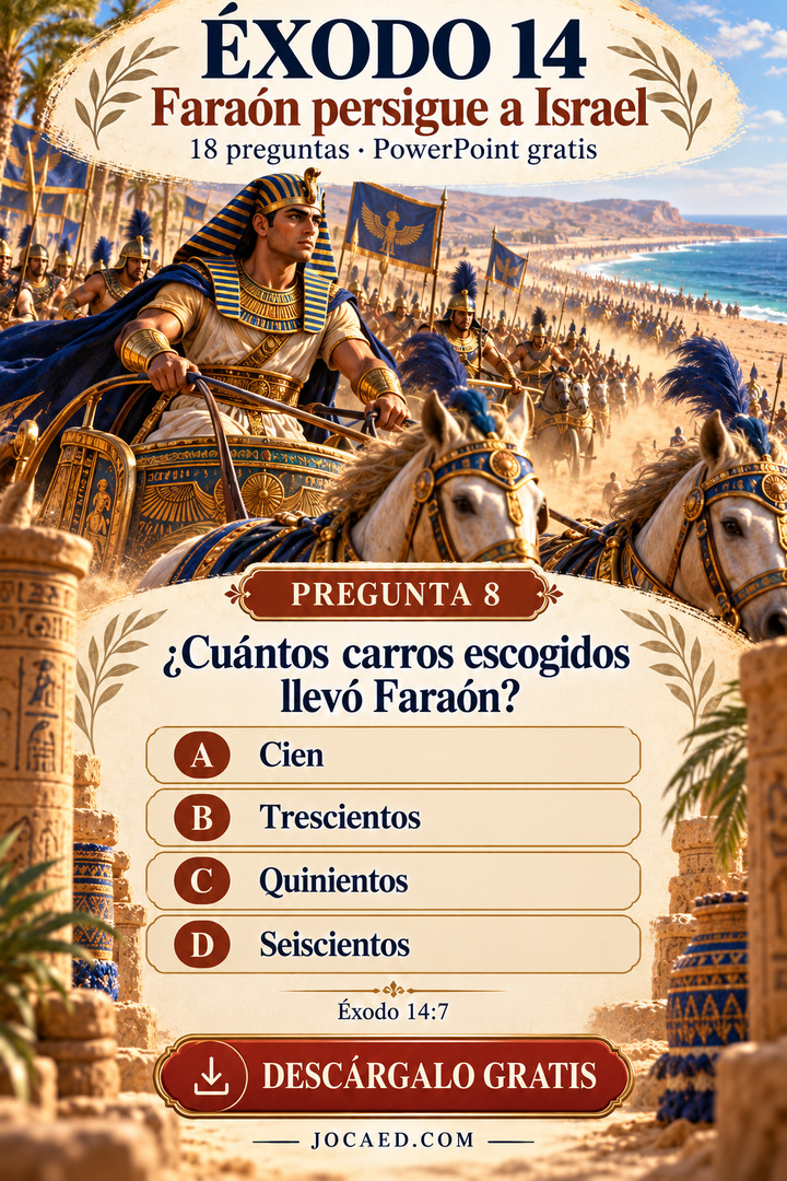 Carros egipcios avanzan por el desierto y una pregunta sobre cuántos carros escogidos llevó Faraón.