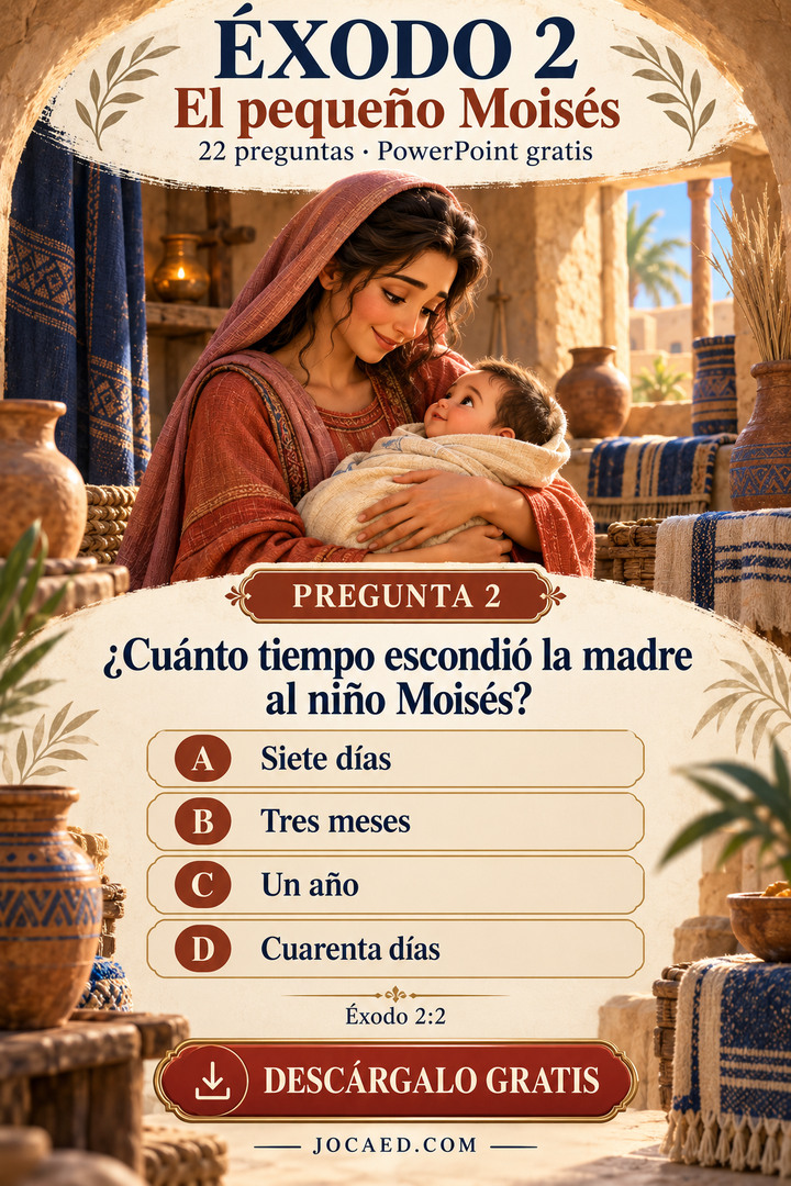 Una madre sostiene al bebé Moisés y una pregunta sobre cuánto tiempo lo escondió, con cuatro opciones.