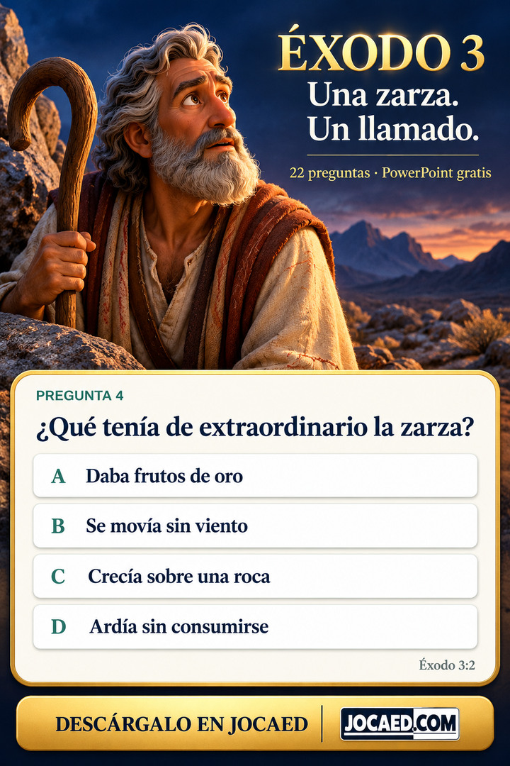 Moisés, de cabello y barba grises, mira con asombro hacia una luz fuera de escena mientras sostiene su cayado en un paisaje desértico. El cartel dice Éxodo 3, Una zarza. Un llamado., y 22 preguntas · PowerPoint gratis. La pregunta 4 sobre lo extraordinario de la zarza conserva sus cuatro opciones originales sin marcar y Éxodo 3:2. Pie: Descárgalo en JOCAED y JOCAED.COM.