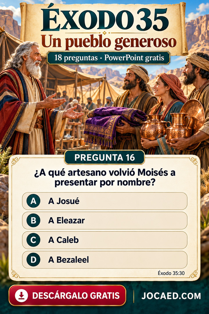 Moisés conversa con artesanos que llevan telas y recipientes en un campamento del desierto. Diseño vertical ilustrado con una pregunta bíblica y sus cuatro opciones originales A–D sin ninguna respuesta seleccionada, recuento de preguntas, descarga gratuita en PowerPoint y marca JOCAED.COM.