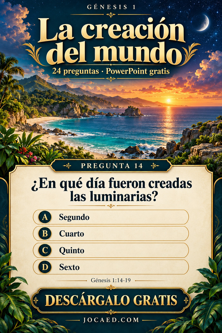 Paisaje de la creación con costa tropical, mar turquesa, estrellas y luna; pregunta sobre el día en que fueron creadas las luminarias, con cuatro opciones neutrales y anuncio de 24 preguntas en PowerPoint gratis.