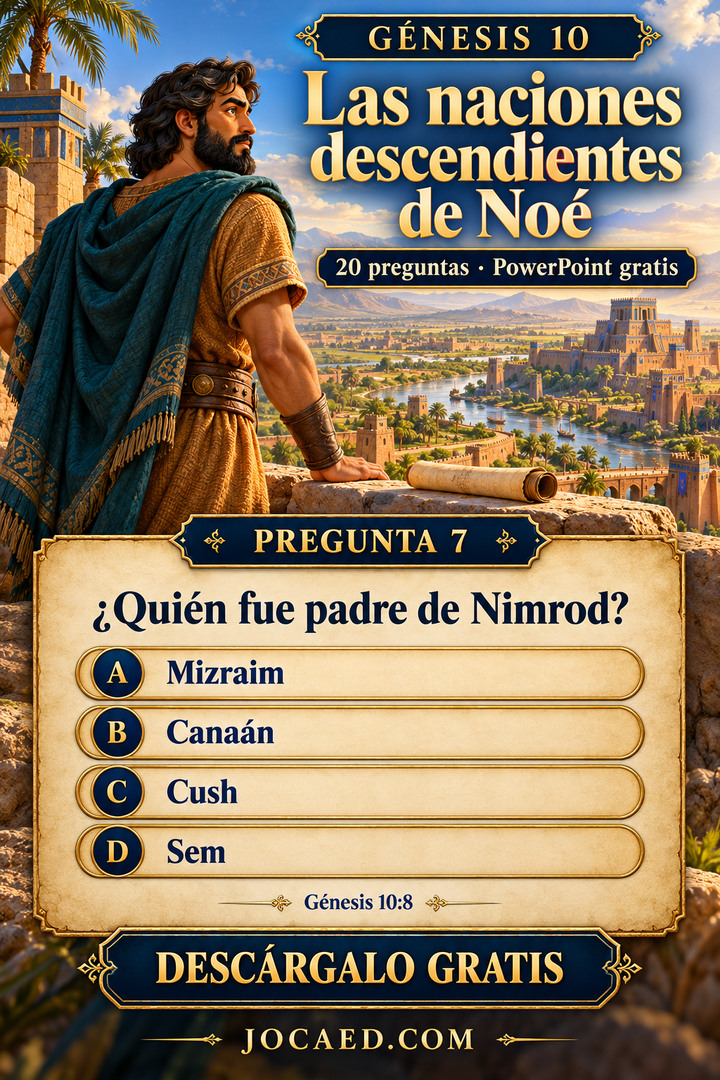 Nimrod adulto contempla un valle de asentamientos antiguos; una pregunta de Génesis 10 sobre su padre presenta las opciones Mizraim, Canaán, Cush y Sem con igual estilo.