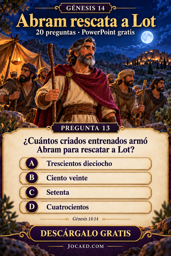 Abram y varios compañeros se preparan de noche para rescatar a Lot, bajo la luna y junto a una lámpara de aceite. Pregunta sobre el número de criados entrenados, con cuatro opciones iguales.