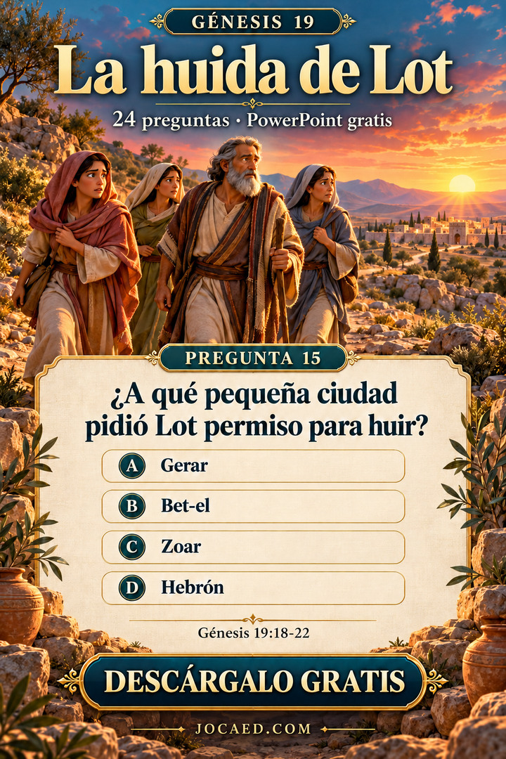 Lot, su esposa y sus dos hijas adultas avanzan por un sendero rocoso al amanecer. Pregunta sobre la pequeña ciudad a la que pidió huir, con cuatro opciones neutrales y sin nombres en el paisaje.