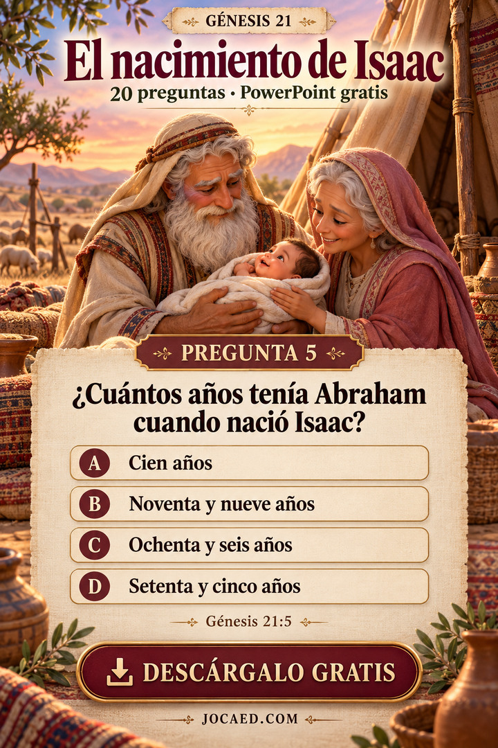 Abraham y Sara ancianos contemplan con ternura a Isaac recién nacido junto a una tienda. Pregunta de Génesis 21 sobre la edad de Abraham cuando nació Isaac, con cuatro opciones iguales.