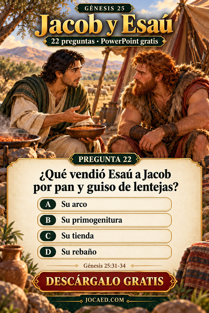 Jacob y Esaú adultos conversan junto a una tienda y un cuenco de lentejas. Pregunta de Génesis 25 sobre lo que vendió Esaú, con cuatro opciones neutrales y un título sin revelar la respuesta.