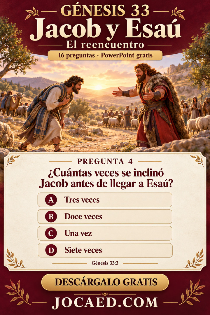 Jacob se acerca a Esaú, con una pregunta sobre cuántas veces se inclinó y cuatro respuestas posibles.