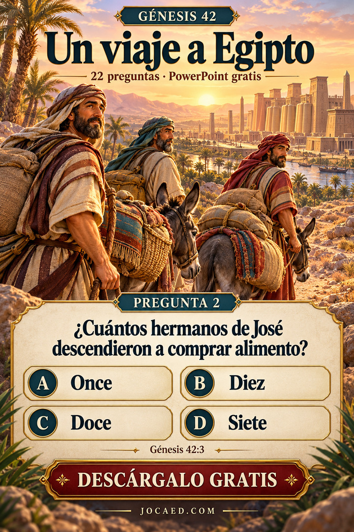 Tres hermanos adultos representativos viajan con dos asnos cargados hacia una ciudad egipcia. Pregunta de Génesis 42 sobre cuántos hermanos descendieron a comprar alimento, sin representar visualmente el número correcto.