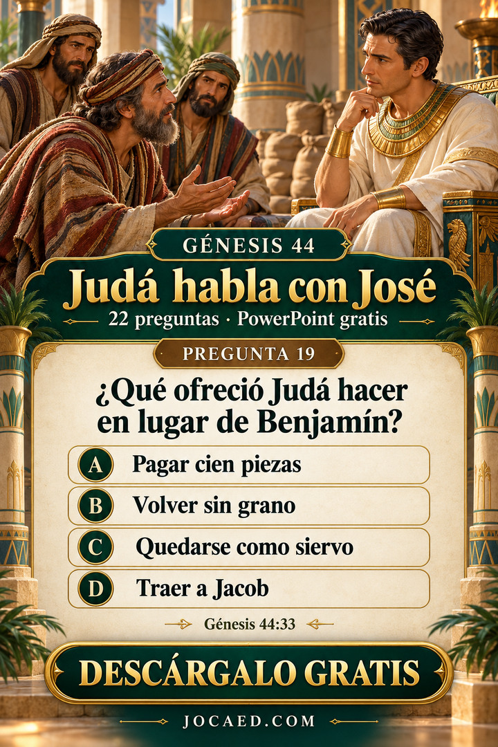 Judá maduro habla respetuosamente ante José, gobernador adulto, mientras dos hermanos escuchan detrás. Pregunta de Génesis 44 sobre lo que ofreció Judá en lugar de Benjamín, con cuatro opciones neutrales.