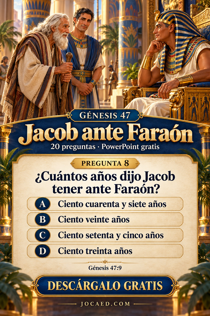 Jacob anciano con bastón se presenta ante Faraón en su palacio, acompañado por José adulto vestido como gobernador. Pregunta de Génesis 47 sobre los años que dijo tener Jacob, sin cifras ni respuesta visual en la escena.