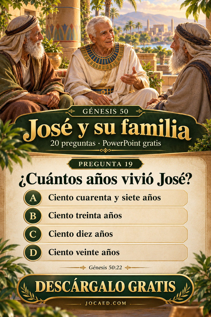 José anciano, vestido de lino egipcio, conversa serenamente con dos hermanos ancianos en un patio con palmeras. Pregunta de Génesis 50 sobre cuántos años vivió José, con cuatro alternativas neutrales y sin escenas de muerte.