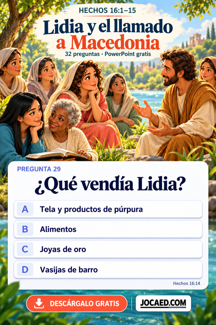 Lidia y varias mujeres escuchan a Pablo junto a un río, con una pregunta sobre lo que vendía Lidia y cuatro opciones. Diseño vertical ilustrado con participantes modernos, recuento de preguntas, descarga gratuita en PowerPoint y marca JOCAED.COM. Ninguna respuesta está seleccionada.