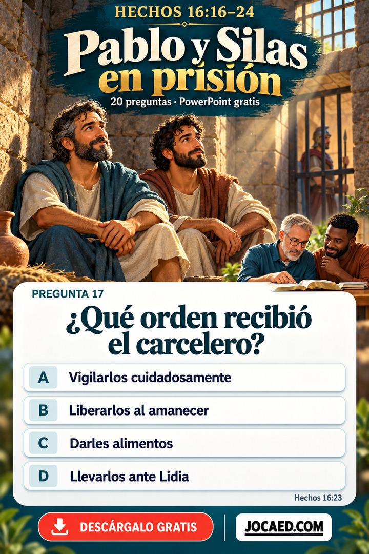 Pablo y Silas en una prisión antigua, con una pregunta sobre la orden que recibió el carcelero y cuatro opciones. Diseño vertical ilustrado con participantes modernos, recuento de preguntas, descarga gratuita en PowerPoint y marca JOCAED.COM. Ninguna respuesta está seleccionada.
