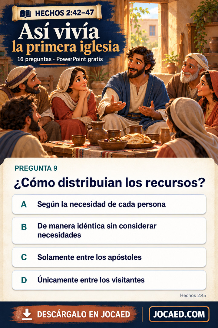Ilustración de Hechos 2: La vida de la primera iglesia con una pregunta de cuatro opciones y su referencia bíblica.