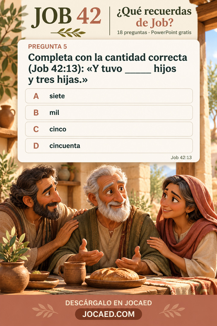 Pin ilustrado de Job 42 con el título «¿Qué recuerdas de Job?» y 18 preguntas en PowerPoint gratis. Una tarjeta conserva la pregunta 5: completar la cantidad de hijos en Job 42:13, con las opciones siete, mil, cinco y cincuenta sin marcar. Debajo, Job conversa serenamente con dos familiares adultos junto a un pan. Descárgalo en JOCAED, JOCAED.COM.