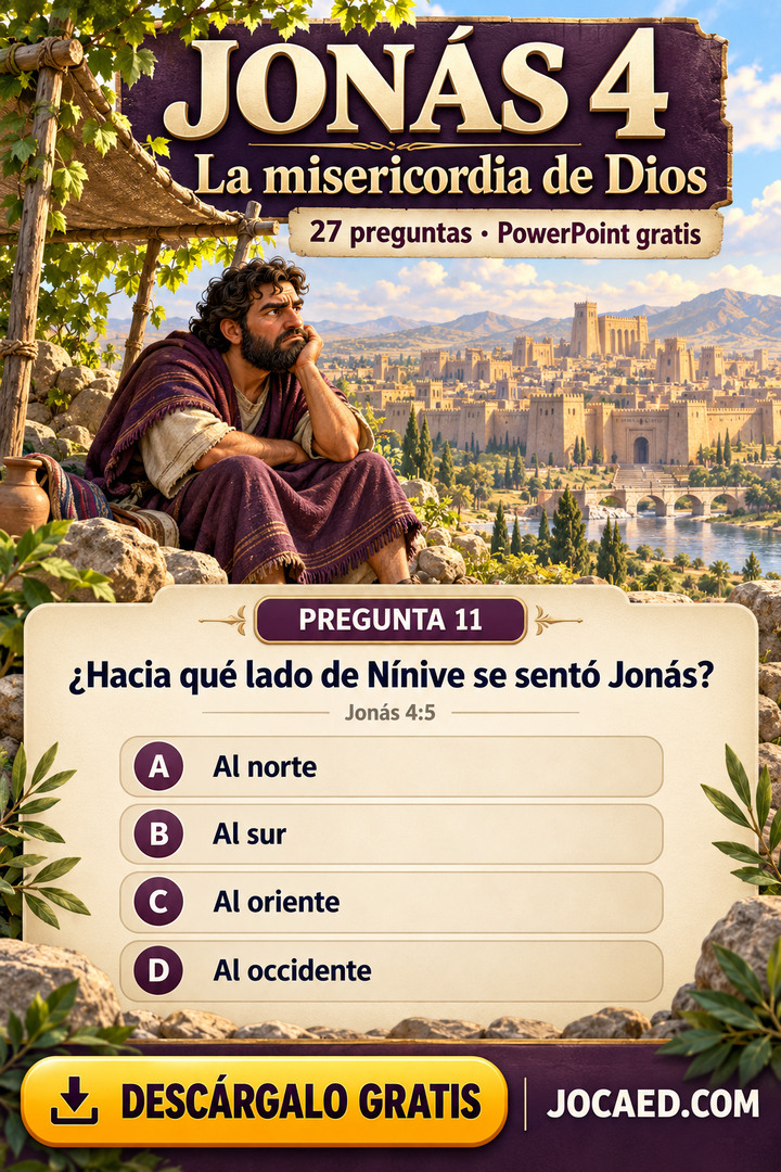 Jonás pensativo junto a una choza, con Nínive al fondo. Diseño vertical ilustrado con una pregunta bíblica y sus cuatro opciones originales A–D sin ninguna respuesta seleccionada, recuento de preguntas, descarga gratuita en PowerPoint y marca JOCAED.COM.