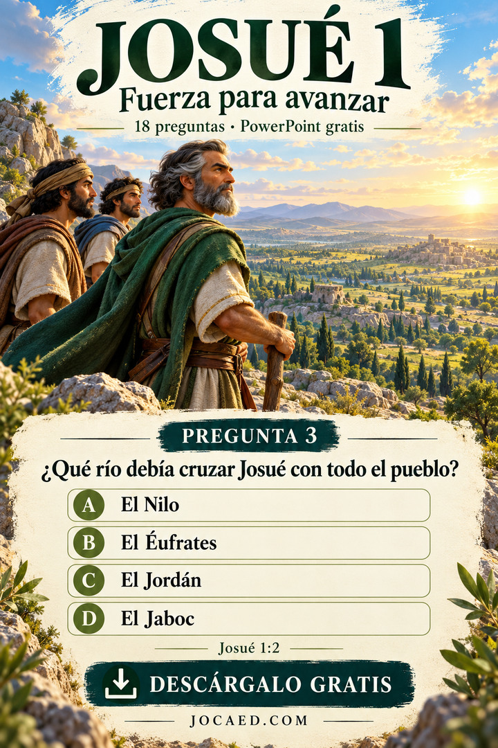 Josué contempla la tierra prometida junto a una pregunta sobre el río que debía cruzar, con cuatro opciones.