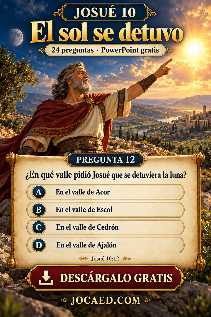 Josué bajo un cielo luminoso y una pregunta sobre el valle mencionado en su oración, con cuatro opciones.