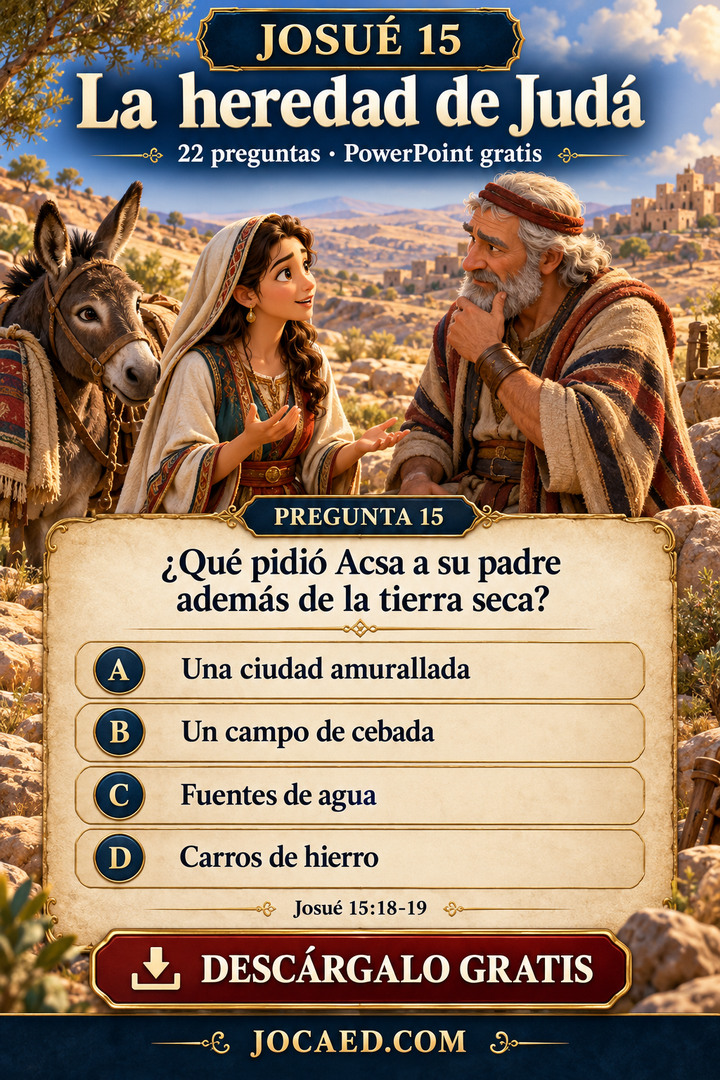 Acsa conversa con Caleb en una tierra seca junto a una pregunta sobre su petición, con cuatro opciones.