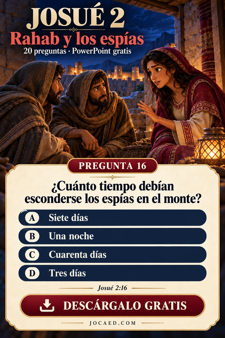 Rahab conversa con dos espías junto a una pregunta sobre el tiempo que debían esconderse, con cuatro opciones.