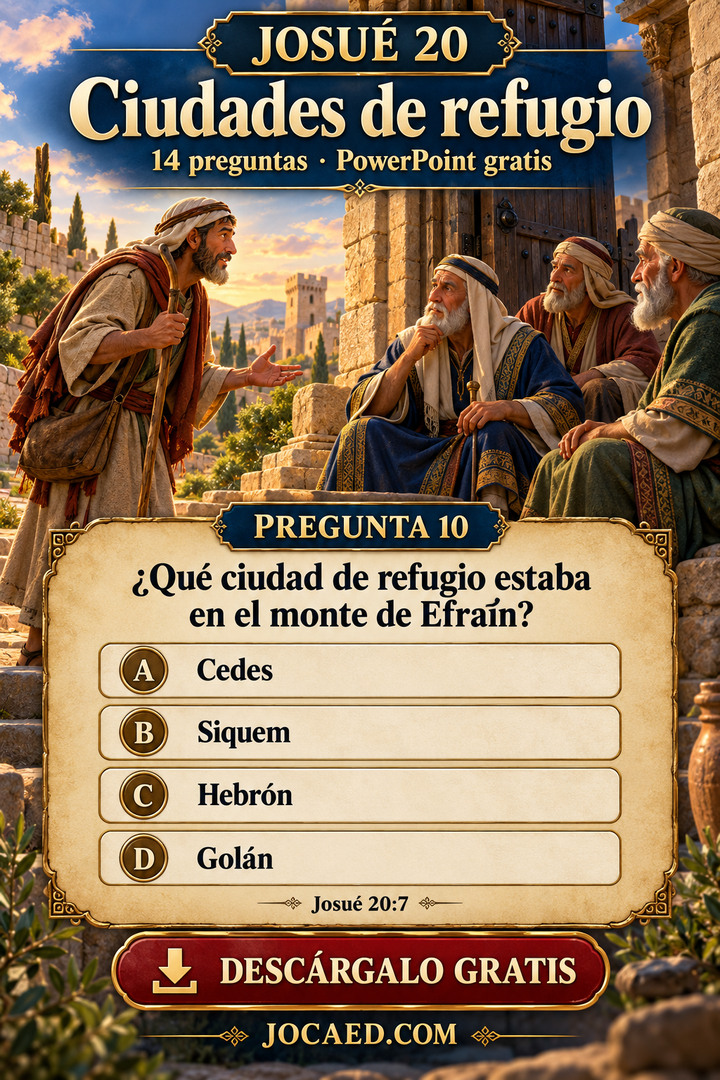 Un viajero conversa con ancianos en una puerta y una pregunta sobre la ciudad de refugio en Efraín, con cuatro opciones.