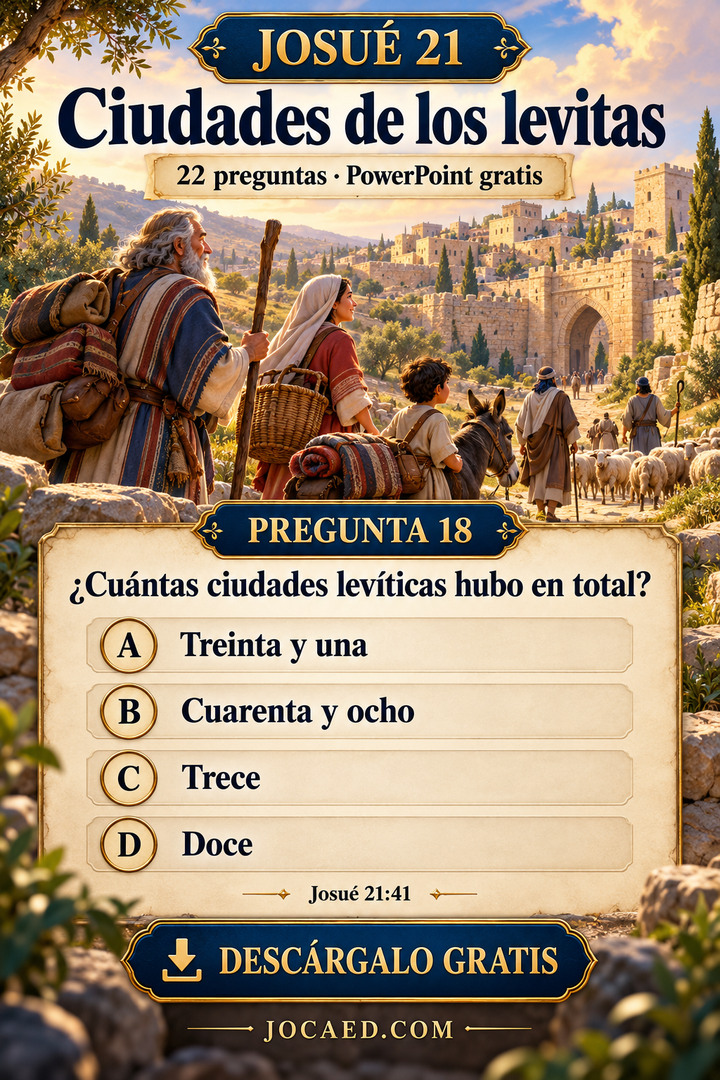 Una familia levita ante una ciudad y una pregunta sobre el total de ciudades levíticas, con cuatro opciones.