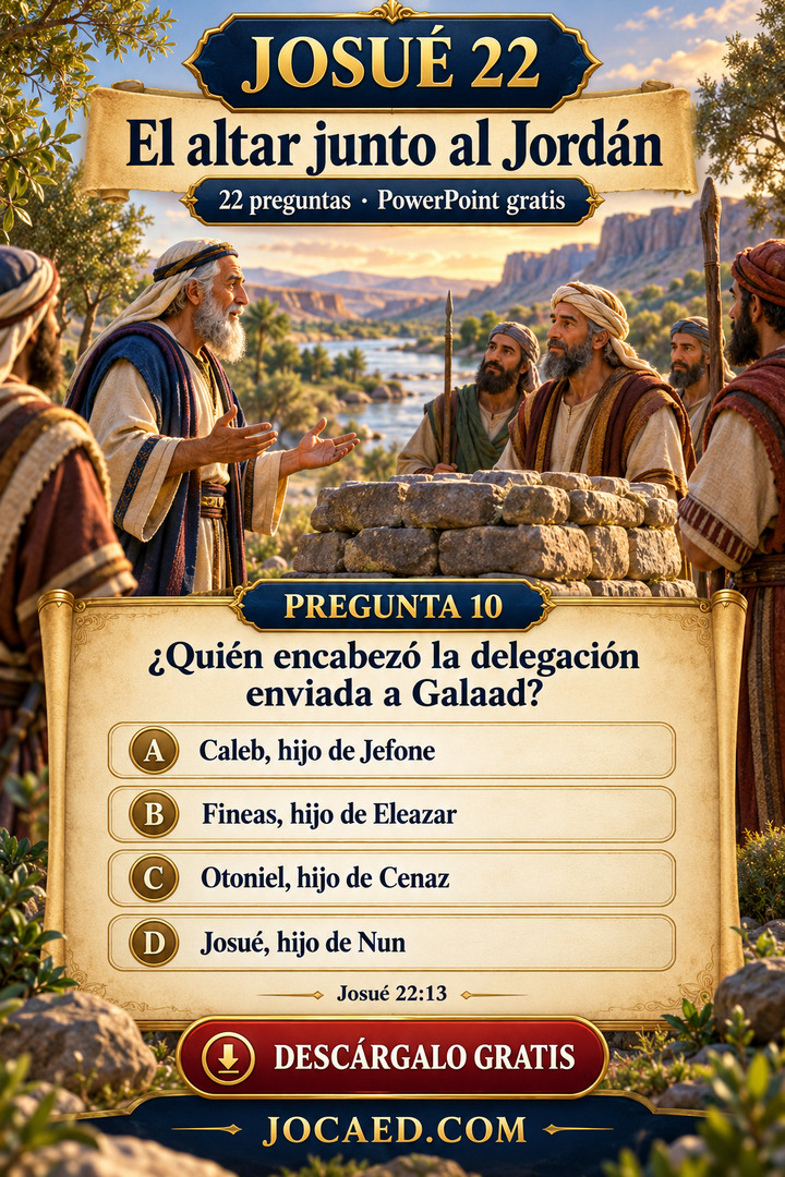 Delegados conversan junto a un altar y una pregunta sobre quién encabezó la delegación, con cuatro opciones.