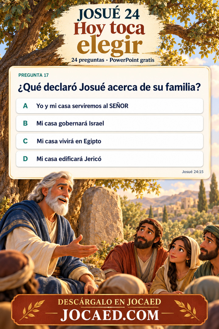 Pin ilustrado de Josué 24 con el título «Hoy toca elegir», 24 preguntas y PowerPoint gratis. Una tarjeta pregunta qué declaró Josué acerca de su familia y muestra las cuatro opciones originales sin marcar, con Josué 24:15. Debajo, Josué habla a un grupo atento junto a un árbol y una piedra. Descárgalo en JOCAED, JOCAED.COM.
