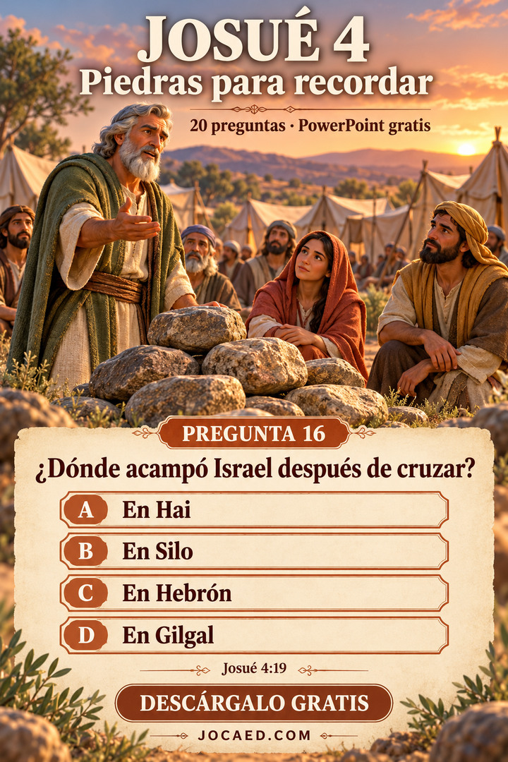 Josué y un memorial de piedras junto a una pregunta sobre el lugar donde acampó Israel, con cuatro opciones.