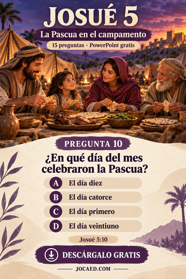 Una familia israelita prepara la Pascua y aparece una pregunta sobre el día del mes, con cuatro opciones.