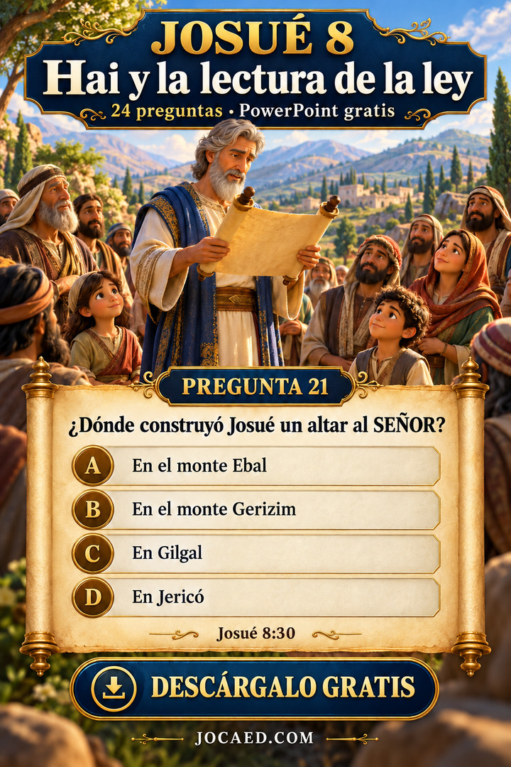Josué lee ante la congregación y una pregunta sobre el monte donde construyó un altar, con cuatro opciones.