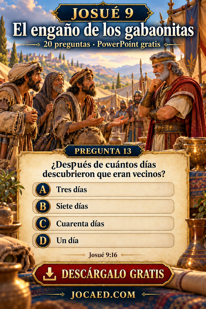Viajeros gabaonitas hablan con Josué y una pregunta sobre cuándo se descubrió el engaño, con cuatro opciones.