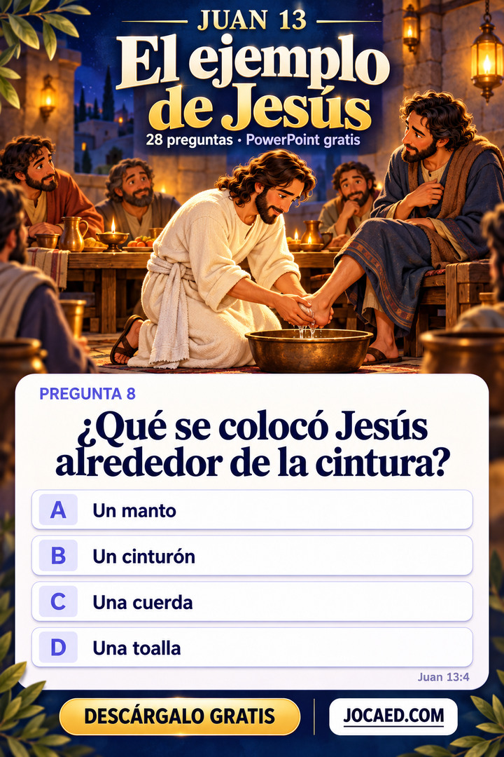 Ilustración de Jesús, completamente vestido, lavando el pie de un discípulo junto a una vasija. Diseño azul nocturno y dorado con una pregunta de Juan 13:4 y cuatro opciones sin seleccionar, 28 preguntas, PowerPoint gratis y JOCAED.COM.