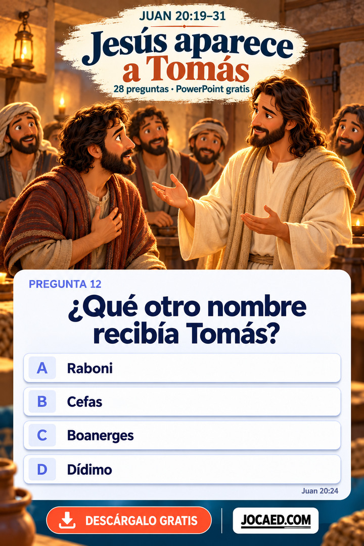 Jesús habla con Tomás y otros discípulos en una habitación cerrada, todos completamente vestidos. Pregunta sobre el otro nombre de Tomás con cuatro opciones sin seleccionar, Juan 20:24, 28 preguntas, PowerPoint gratis y JOCAED.COM.