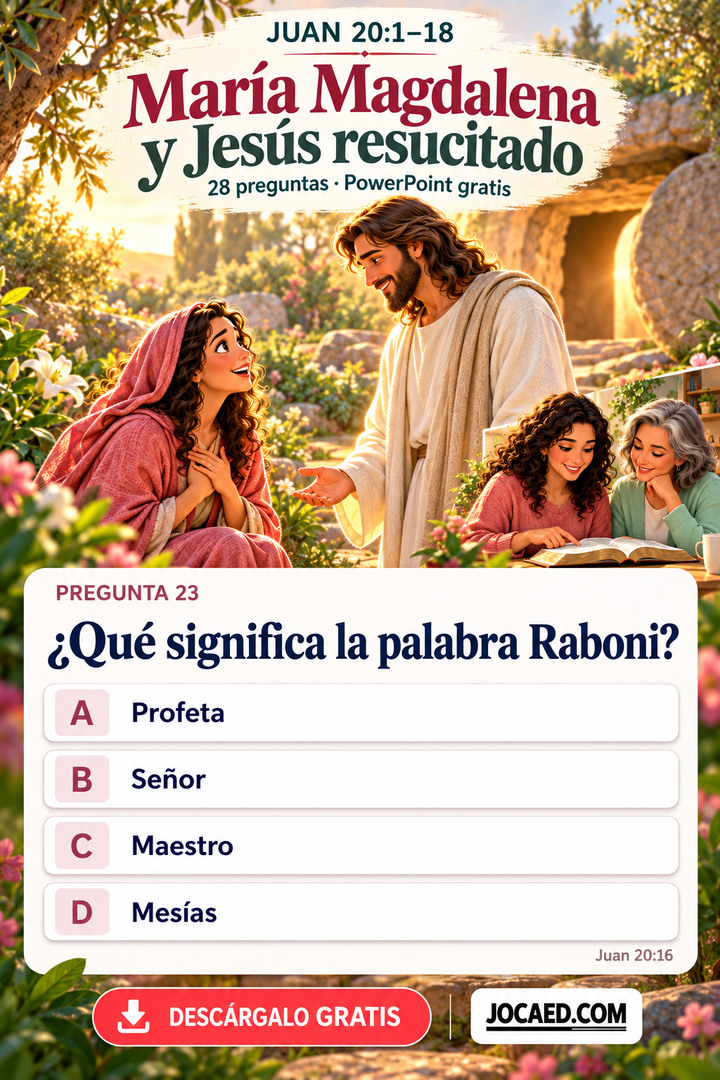 María Magdalena junto a Jesús en un jardín, con una pregunta sobre el significado de Raboni y cuatro opciones. Diseño vertical ilustrado con participantes modernos, recuento de preguntas, descarga gratuita en PowerPoint y marca JOCAED.COM. Ninguna respuesta está seleccionada.