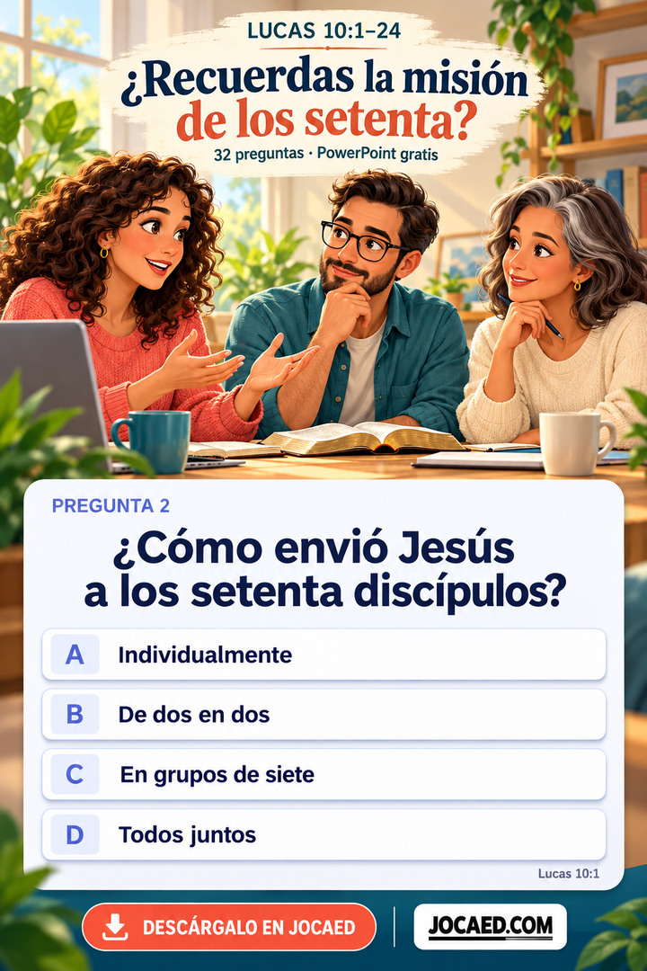 Pin «¿Recuerdas la misión de los setenta?», Lucas 10:1–24, con 32 preguntas en PowerPoint gratis. Tres adultos ilustrados conversan junto a una computadora y una Biblia. La pregunta 2 dice «¿Cómo envió Jesús a los setenta discípulos?» con las opciones Individualmente, De dos en dos, En grupos de siete y Todos juntos, sin marcar. Referencia Lucas 10:1 y JOCAED.COM.