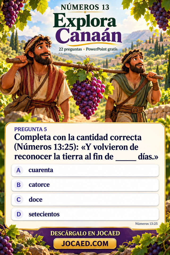 Dos exploradores ilustrados transportan un racimo de uvas en un palo entre colinas verdes. El título dice Números 13, Explora Canaán y 22 preguntas · PowerPoint gratis. La tarjeta conserva la pregunta 5 para completar la cantidad de días en Números 13:25, con el espacio vacío y las opciones cuarenta, catorce, doce y setecientos sin marcar. JOCAED.COM al pie.