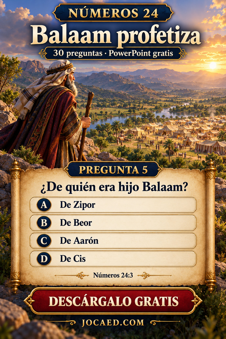 Balaam contempla un campamento y una pregunta sobre el nombre de su padre, con cuatro opciones.