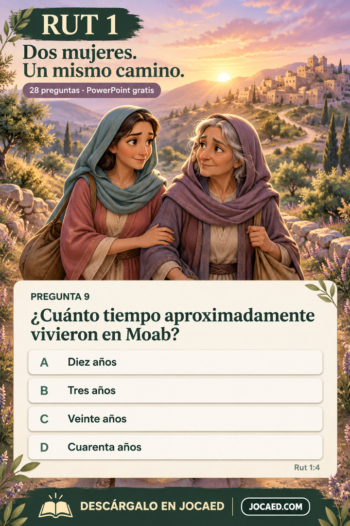 Pin de Rut 1: «Dos mujeres. Un mismo camino.», 28 preguntas en PowerPoint gratis. Rut y Noemí caminan juntas por las colinas y se miran con afecto, con bolsas de viaje sencillas. La pregunta 9 consulta cuánto tiempo aproximadamente vivieron en Moab y conserva cuatro opciones sin marcar y Rut 1:4. Descárgalo en JOCAED, JOCAED.COM.
